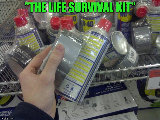 The solution to 80% of life's little problems all in one little kit. | "THE LIFE SURVIVAL KIT" | image tagged in wd-40  duct tape,memes,life survival kit,funny | made w/ Imgflip meme maker