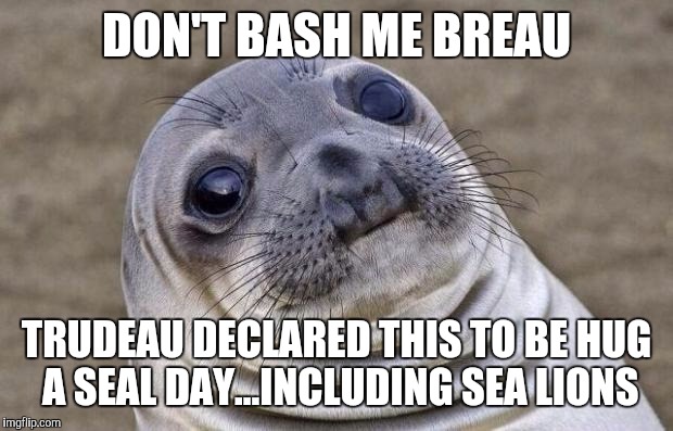 Awkward Moment Sealion | DON'T BASH ME BREAU; TRUDEAU DECLARED THIS TO BE HUG A SEAL DAY...INCLUDING SEA LIONS | image tagged in memes,awkward moment sealion | made w/ Imgflip meme maker