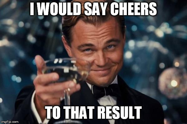 Leonardo Dicaprio Cheers Meme | I WOULD SAY CHEERS TO THAT RESULT | image tagged in memes,leonardo dicaprio cheers | made w/ Imgflip meme maker