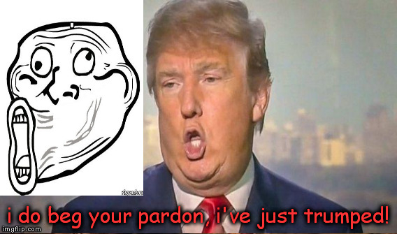 Trump | i do beg your pardon, i've just trumped! | image tagged in bad pun trump,two donald trumps | made w/ Imgflip meme maker