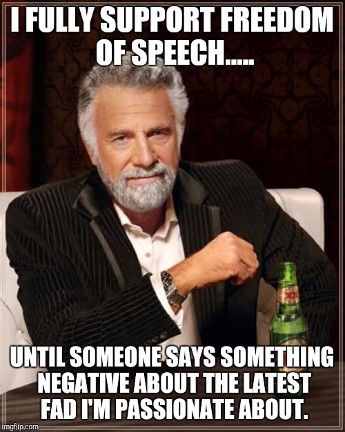 The Most Interesting Man In The World | I FULLY SUPPORT FREEDOM OF SPEECH..... UNTIL SOMEONE SAYS SOMETHING NEGATIVE ABOUT THE LATEST FAD I'M PASSIONATE ABOUT. | image tagged in memes,the most interesting man in the world | made w/ Imgflip meme maker