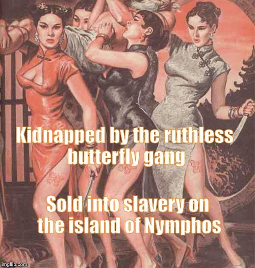 The gangs of the Island of Nymphos | Kidnapped by the ruthless butterfly gang; Sold into slavery on the island of Nymphos | image tagged in butterfly gang,memes,pulp art | made w/ Imgflip meme maker