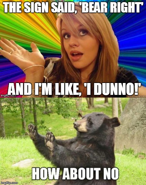 Dumb Blonde Driving | THE SIGN SAID, 'BEAR RIGHT'; AND I'M LIKE, 'I DUNNO!' | image tagged in dumb blonde,how about no bear,driving,funny memes | made w/ Imgflip meme maker