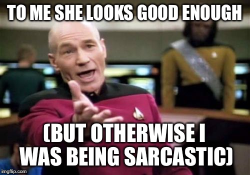 Picard Wtf Meme | TO ME SHE LOOKS GOOD ENOUGH (BUT OTHERWISE I WAS BEING SARCASTIC) | image tagged in memes,picard wtf | made w/ Imgflip meme maker