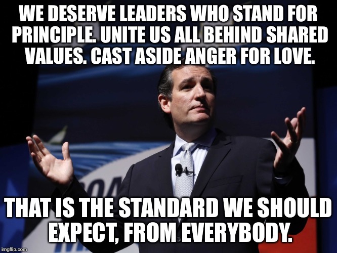 Ted Cruz disses Trump. | WE DESERVE LEADERS WHO STAND FOR PRINCIPLE. UNITE US ALL BEHIND SHARED VALUES. CAST ASIDE ANGER FOR LOVE. THAT IS THE STANDARD WE SHOULD EXPECT, FROM EVERYBODY. | image tagged in ted cruz | made w/ Imgflip meme maker