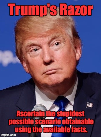 Trump's Razor; Ascertain the stupidest possible
scenario obtainable using the available facts. | image tagged in donald trump | made w/ Imgflip meme maker