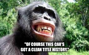 Used Auto Primate. | "OF COURSE THIS CAR'S GOT A CLEAN TITLE HISTORY." | image tagged in used auto,monkey,laughing monkey,used car salesman | made w/ Imgflip meme maker