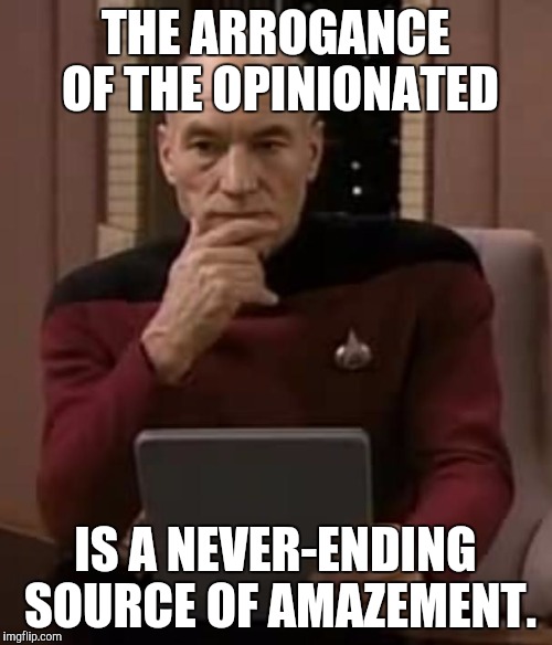 picard thinking | THE ARROGANCE OF THE OPINIONATED; IS A NEVER-ENDING SOURCE OF AMAZEMENT. | image tagged in picard thinking | made w/ Imgflip meme maker