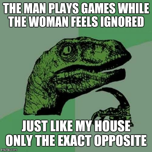 Philosoraptor Meme | THE MAN PLAYS GAMES WHILE THE WOMAN FEELS IGNORED JUST LIKE MY HOUSE ONLY THE EXACT OPPOSITE | image tagged in memes,philosoraptor | made w/ Imgflip meme maker