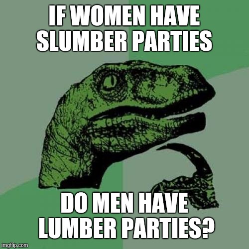 Philosoraptor Meme |  IF WOMEN HAVE SLUMBER PARTIES; DO MEN HAVE LUMBER PARTIES? | image tagged in memes,philosoraptor | made w/ Imgflip meme maker