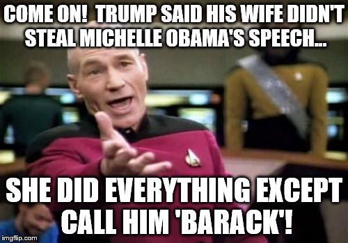 Picard Wtf Meme | COME ON!  TRUMP SAID HIS WIFE DIDN'T STEAL MICHELLE OBAMA'S SPEECH... SHE DID EVERYTHING EXCEPT CALL HIM 'BARACK'! | image tagged in memes,picard wtf | made w/ Imgflip meme maker