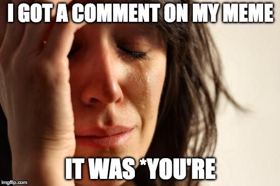 First World Problems | I GOT A COMMENT ON MY MEME; IT WAS *YOU'RE | image tagged in memes,first world problems,grammar nazi,you're,your,imgflip | made w/ Imgflip meme maker