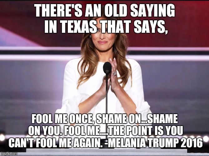 Melania Trump | THERE'S AN OLD SAYING IN TEXAS THAT SAYS, FOOL ME ONCE, SHAME ON...SHAME ON YOU. FOOL ME....THE POINT IS YOU CAN'T FOOL ME AGAIN. -MELANIA TRUMP 2016 | image tagged in melania trump meme,george bush,speech,plagiarism,memes | made w/ Imgflip meme maker