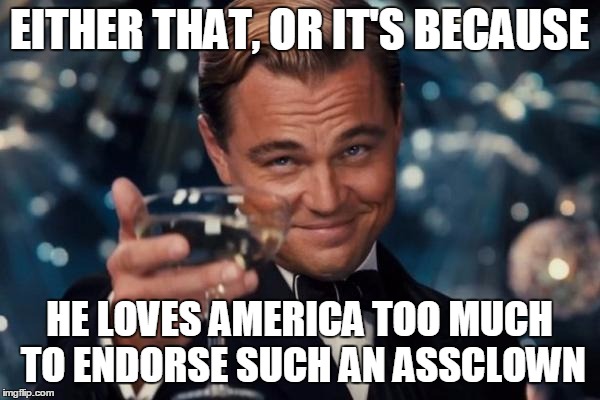 Leonardo Dicaprio Cheers Meme | EITHER THAT, OR IT'S BECAUSE HE LOVES AMERICA TOO MUCH TO ENDORSE SUCH AN ASSCLOWN | image tagged in memes,leonardo dicaprio cheers | made w/ Imgflip meme maker