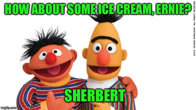 I scream, You scream...We all scream for sorbet | HOW ABOUT SOME ICE CREAM, ERNIE? SHERBERT | image tagged in bert and ernie,memes,funny,ice cream | made w/ Imgflip meme maker