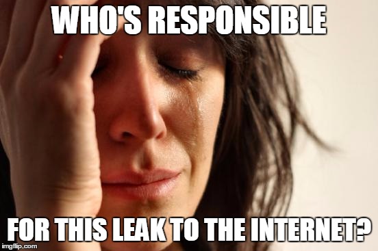 First World Problems Meme | WHO'S RESPONSIBLE FOR THIS LEAK TO THE INTERNET? | image tagged in memes,first world problems | made w/ Imgflip meme maker