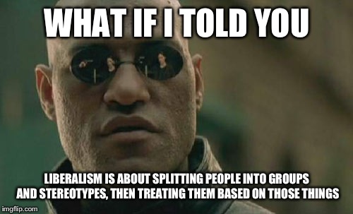 Matrix Morpheus Meme | WHAT IF I TOLD YOU LIBERALISM IS ABOUT SPLITTING PEOPLE INTO GROUPS AND STEREOTYPES, THEN TREATING THEM BASED ON THOSE THINGS | image tagged in memes,matrix morpheus | made w/ Imgflip meme maker