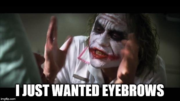 And everybody loses their minds | I JUST WANTED EYEBROWS | image tagged in memes,and everybody loses their minds | made w/ Imgflip meme maker