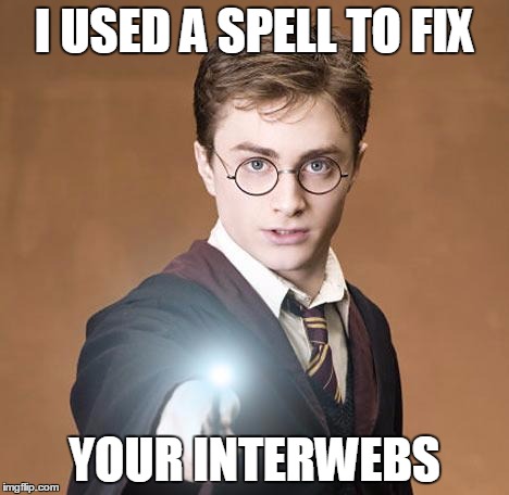 harry potter casting a spell | I USED A SPELL TO FIX; YOUR INTERWEBS | image tagged in harry potter casting a spell | made w/ Imgflip meme maker