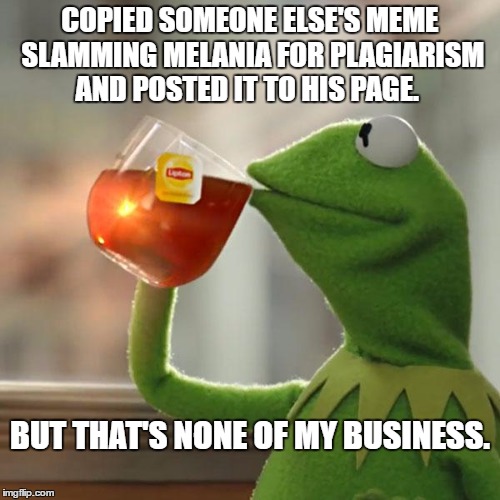 Isn't it ironic?  Don't you think? | COPIED SOMEONE ELSE'S MEME SLAMMING MELANIA FOR PLAGIARISM AND POSTED IT TO HIS PAGE. BUT THAT'S NONE OF MY BUSINESS. | image tagged in memes,but thats none of my business,kermit the frog,melania,plagiarism | made w/ Imgflip meme maker