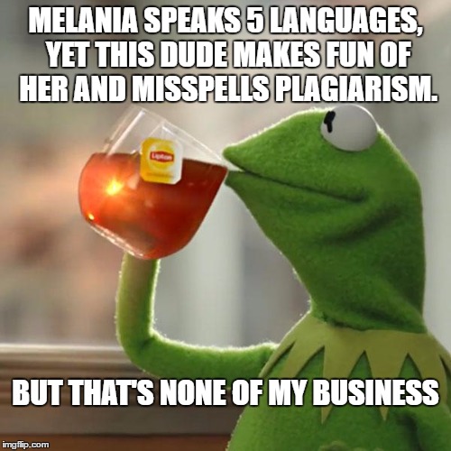 Melania is the dumb one?  Really? |  MELANIA SPEAKS 5 LANGUAGES, YET THIS DUDE MAKES FUN OF HER AND MISSPELLS PLAGIARISM. BUT THAT'S NONE OF MY BUSINESS | image tagged in memes,but thats none of my business,kermit the frog,melania,plagiarism,morons | made w/ Imgflip meme maker