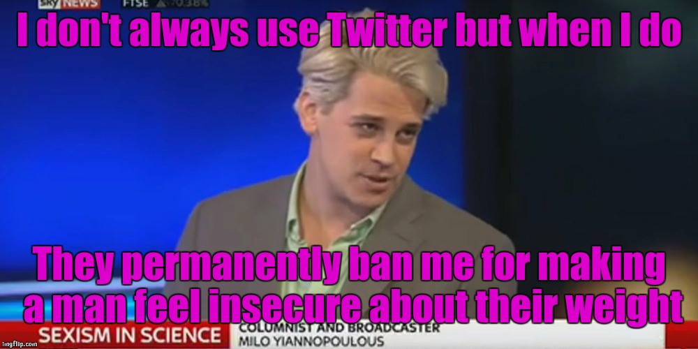 Milo such interesting  |  I don't always use Twitter but when I do; They permanently ban me for making a man feel insecure about their weight | image tagged in the most interesting man in the world,milo yiannopoulos,twitter,fat guy | made w/ Imgflip meme maker