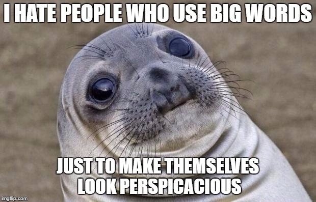 using big words | I HATE PEOPLE WHO USE BIG WORDS; JUST TO MAKE THEMSELVES LOOK PERSPICACIOUS | image tagged in memes,awkward moment sealion | made w/ Imgflip meme maker