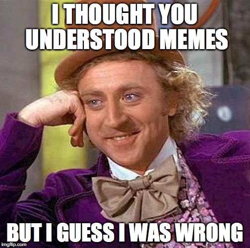Creepy Condescending Wonka Meme | I THOUGHT YOU UNDERSTOOD MEMES; BUT I GUESS I WAS WRONG | image tagged in memes,creepy condescending wonka | made w/ Imgflip meme maker