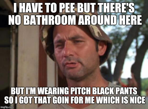 ssshhhhh dont tell ;) | I HAVE TO PEE BUT THERE'S NO BATHROOM AROUND HERE; BUT I'M WEARING PITCH BLACK PANTS SO I GOT THAT GOIN FOR ME WHICH IS NICE | image tagged in memes,so i got that goin for me which is nice | made w/ Imgflip meme maker