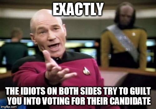 Picard Wtf Meme | EXACTLY THE IDIOTS ON BOTH SIDES TRY TO GUILT YOU INTO VOTING FOR THEIR CANDIDATE | image tagged in memes,picard wtf | made w/ Imgflip meme maker
