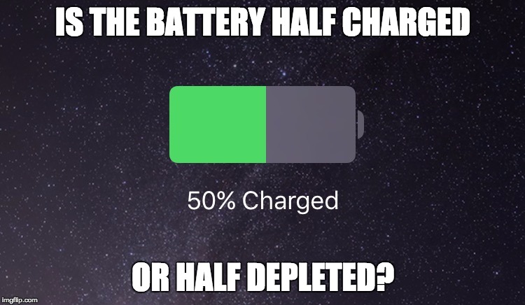 Optimist vs Pessimist in technology terms | IS THE BATTERY HALF CHARGED; OR HALF DEPLETED? | image tagged in technology,iphone,mobile,funny,cell phone,demotivationals | made w/ Imgflip meme maker