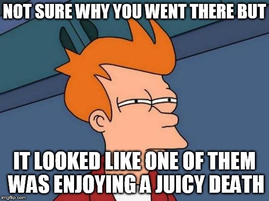 Futurama Fry Meme | NOT SURE WHY YOU WENT THERE BUT IT LOOKED LIKE ONE OF THEM WAS ENJOYING A JUICY DEATH | image tagged in memes,futurama fry | made w/ Imgflip meme maker