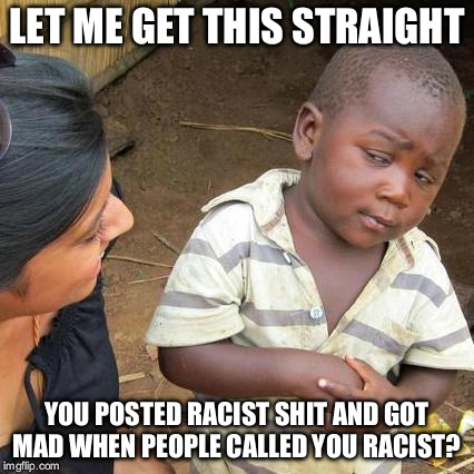 Third World Skeptical Kid | LET ME GET THIS STRAIGHT; YOU POSTED RACIST SHIT AND GOT MAD WHEN PEOPLE CALLED YOU RACIST? | image tagged in memes,third world skeptical kid | made w/ Imgflip meme maker