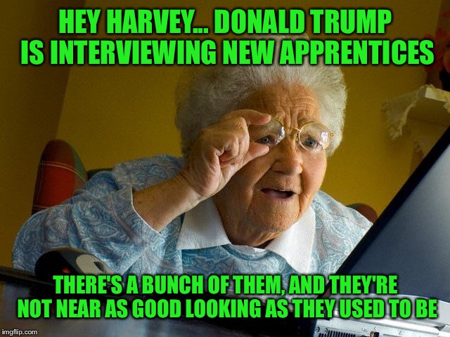 The republican national convention's newest viewer  | HEY HARVEY... DONALD TRUMP IS INTERVIEWING NEW APPRENTICES; THERE'S A BUNCH OF THEM, AND THEY'RE NOT NEAR AS GOOD LOOKING AS THEY USED TO BE | image tagged in memes,grandma finds the internet,republican national convention,donald trump | made w/ Imgflip meme maker