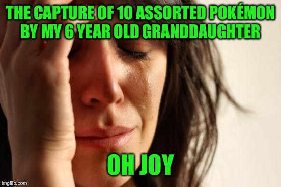A $125 data overage bill, a sprained ankle, and a shattered iphone6s screen has resulted in... | THE CAPTURE OF 10 ASSORTED POKÉMON BY MY 6 YEAR OLD GRANDDAUGHTER; OH JOY | image tagged in memes,first world problems,pokemon go,grandma,iphone 6,data | made w/ Imgflip meme maker