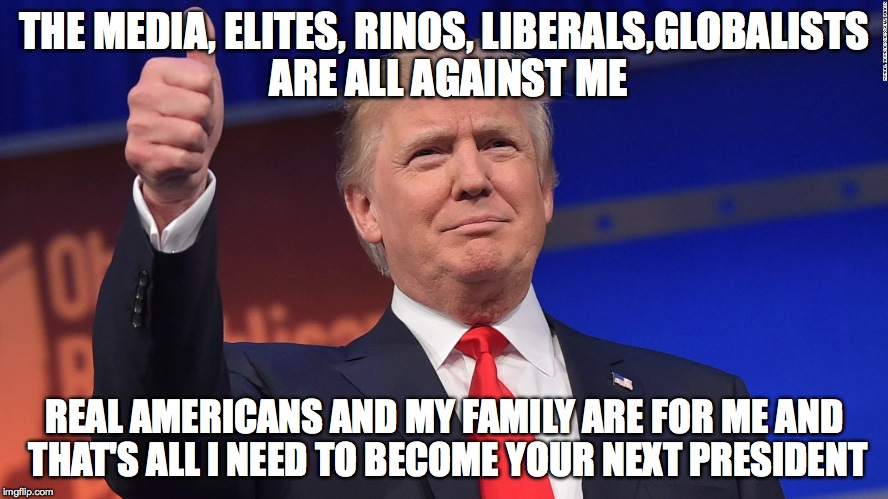 Donald Trump Is Proud | THE MEDIA, ELITES, RINOS, LIBERALS,GLOBALISTS ARE ALL AGAINST ME; REAL AMERICANS AND MY FAMILY ARE FOR ME AND THAT'S ALL I NEED TO BECOME YOUR NEXT PRESIDENT | image tagged in donald trump is proud | made w/ Imgflip meme maker