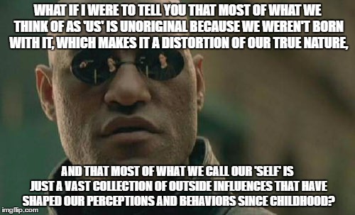 Matrix Morpheus Meme | WHAT IF I WERE TO TELL YOU THAT MOST OF WHAT WE THINK OF AS 'US' IS UNORIGINAL BECAUSE WE WEREN'T BORN WITH IT, WHICH MAKES IT A DISTORTION OF OUR TRUE NATURE, AND THAT MOST OF WHAT WE CALL OUR 'SELF' IS JUST A VAST COLLECTION OF OUTSIDE INFLUENCES THAT HAVE SHAPED OUR PERCEPTIONS AND BEHAVIORS SINCE CHILDHOOD? | image tagged in memes,matrix morpheus | made w/ Imgflip meme maker