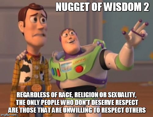Nugget of Wisdom 2 | NUGGET OF WISDOM 2; REGARDLESS OF RACE, RELIGION OR SEXUALITY, THE ONLY PEOPLE WHO DON'T DESERVE RESPECT ARE THOSE THAT ARE UNWILLING TO RESPECT OTHERS | image tagged in toy story,respect,race,religion,sexuality,wisdom,x x everywhere | made w/ Imgflip meme maker