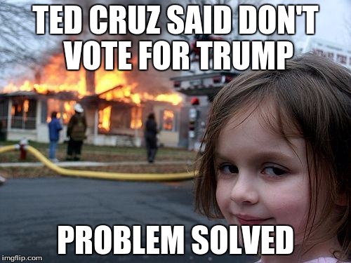 Disaster Girl | TED CRUZ SAID DON'T VOTE FOR TRUMP; PROBLEM SOLVED | image tagged in memes,disaster girl | made w/ Imgflip meme maker