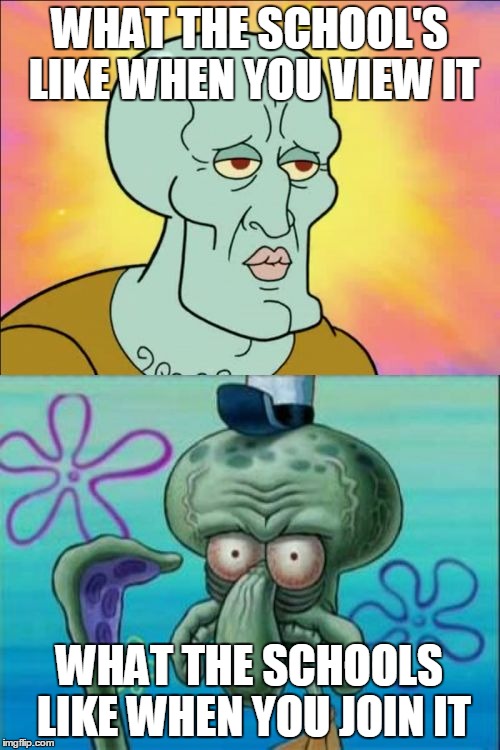 Squidward Meme | WHAT THE SCHOOL'S LIKE WHEN YOU VIEW IT; WHAT THE SCHOOLS LIKE WHEN YOU JOIN IT | image tagged in memes,squidward | made w/ Imgflip meme maker