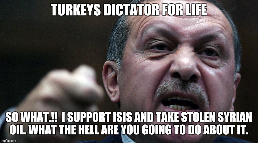 Edorgan  | TURKEYS DICTATOR FOR LIFE; SO WHAT.!!  I SUPPORT ISIS AND TAKE STOLEN SYRIAN OIL. WHAT THE HELL ARE YOU GOING TO DO ABOUT IT. | image tagged in political meme | made w/ Imgflip meme maker