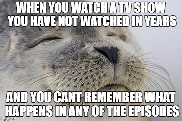 Satisfied Seal Meme | WHEN YOU WATCH A TV SHOW YOU HAVE NOT WATCHED IN YEARS; AND YOU CANT REMEMBER WHAT HAPPENS IN ANY OF THE EPISODES | image tagged in memes,satisfied seal,AdviceAnimals | made w/ Imgflip meme maker