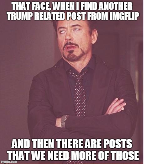 Face You Make Robert Downey Jr Meme | THAT FACE, WHEN I FIND ANOTHER TRUMP RELATED POST FROM IMGFLIP; AND THEN THERE ARE POSTS THAT WE NEED MORE OF THOSE | image tagged in memes,face you make robert downey jr | made w/ Imgflip meme maker