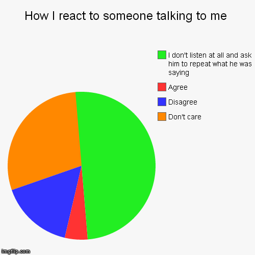 How I react to someone talking to me | Don't care, Disagree, Agree, I don't listen at all and ask him to repeat what he was saying | image tagged in funny,pie charts | made w/ Imgflip chart maker
