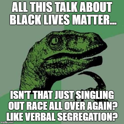 Philosoraptor Meme | ALL THIS TALK ABOUT BLACK LIVES MATTER... ISN'T THAT JUST SINGLING OUT RACE ALL OVER AGAIN? LIKE VERBAL SEGREGATION? | image tagged in memes,philosoraptor | made w/ Imgflip meme maker