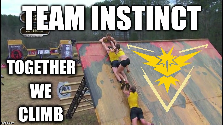 Team Instinct: Together We Climb | TEAM INSTINCT; TOGETHER; WE; CLIMB | image tagged in spartan race team instinct,pokemon go,teamwork,spartan,instinct,climb | made w/ Imgflip meme maker