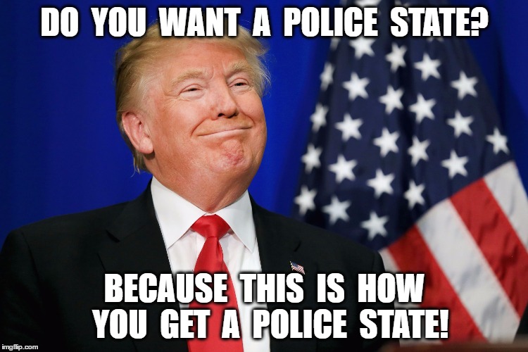 State of Trump | DO  YOU  WANT  A  POLICE  STATE? BECAUSE  THIS  IS  HOW  YOU  GET  A  POLICE  STATE! | image tagged in donald trump,donald drumpf,police state | made w/ Imgflip meme maker