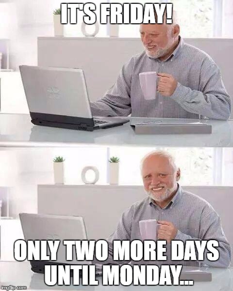 I despise my job. | IT'S FRIDAY! ONLY TWO MORE DAYS UNTIL MONDAY... | image tagged in memes,hide the pain harold | made w/ Imgflip meme maker
