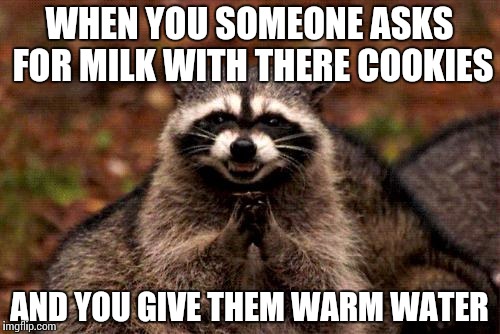 Evil Plotting Raccoon | WHEN YOU SOMEONE ASKS FOR MILK WITH THERE COOKIES; AND YOU GIVE THEM WARM WATER | image tagged in memes,evil plotting raccoon | made w/ Imgflip meme maker