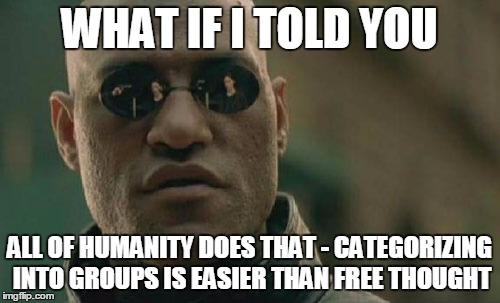 Matrix Morpheus Meme | WHAT IF I TOLD YOU ALL OF HUMANITY DOES THAT - CATEGORIZING INTO GROUPS IS EASIER THAN FREE THOUGHT | image tagged in memes,matrix morpheus | made w/ Imgflip meme maker
